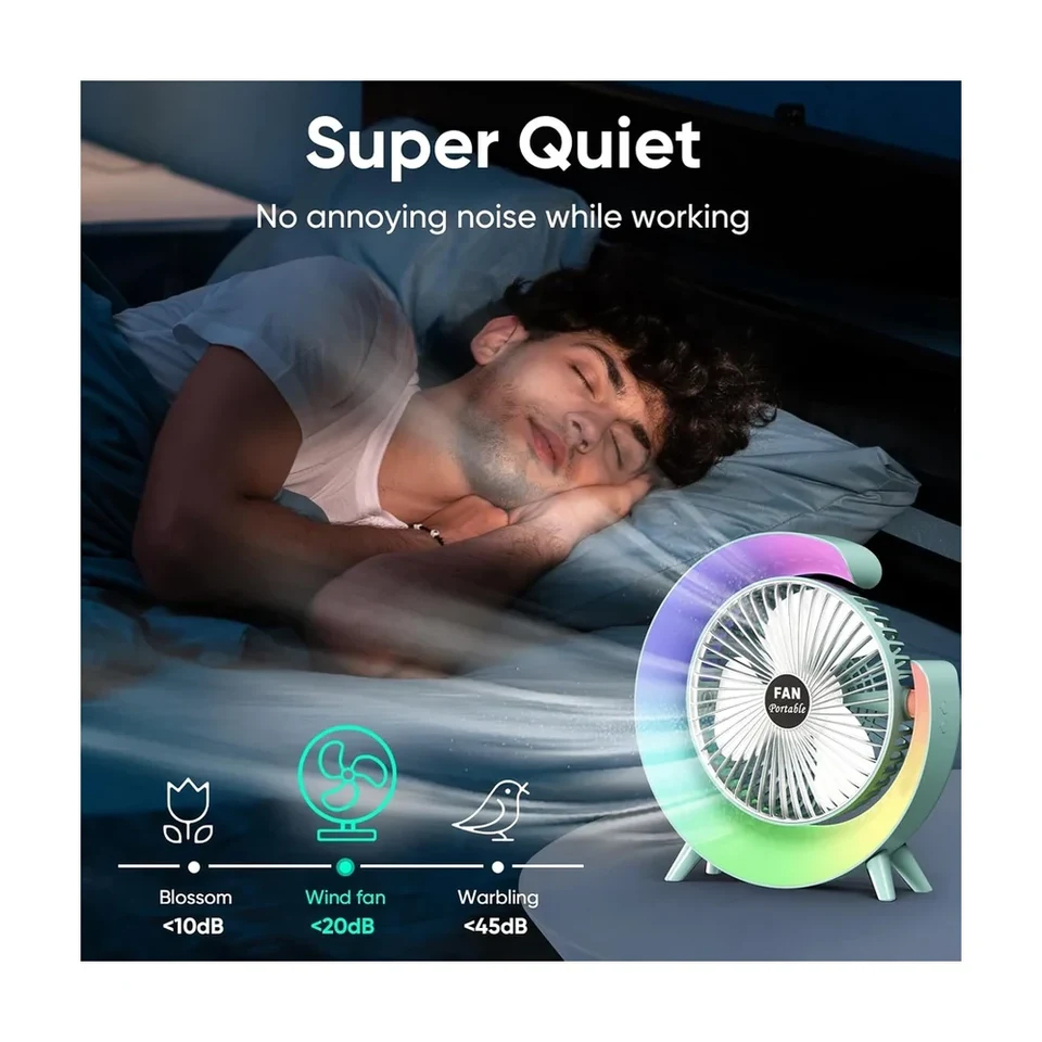 Ventilador de mesa portátil blanco con luz RGB